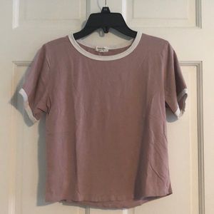 Pink short sleeve crop top with white trim